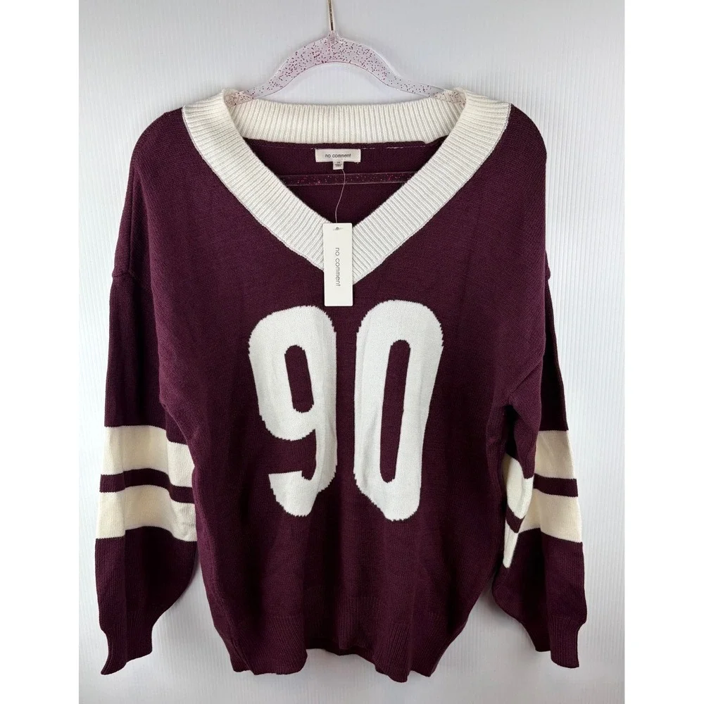 No Comment Sweater Varsity VNeck Maroon 90 Graphic Oversized Preppy Retro Medium